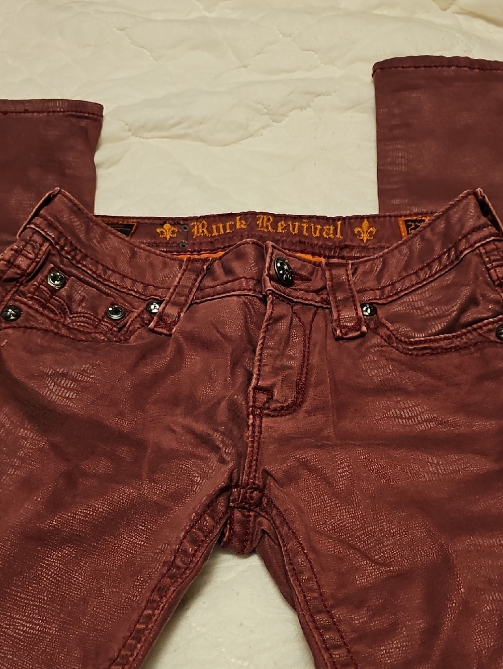 Rock Revival Metallic Burgundy Skinny Jeans